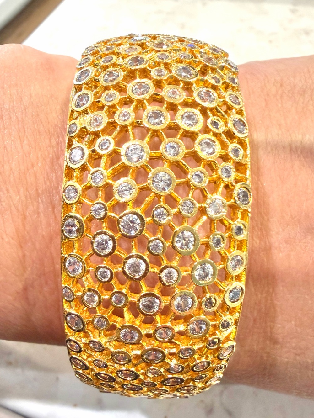 Mint 57.2g Broad Gold Plated CZ Statement Kada Cuff Size 2.4